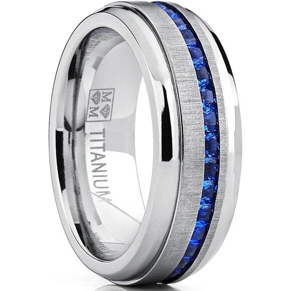 🆕 Men Blue Engagement Ring Eternity Titanium Wedding Band Simulated Sapphire - Picture 1 of 7